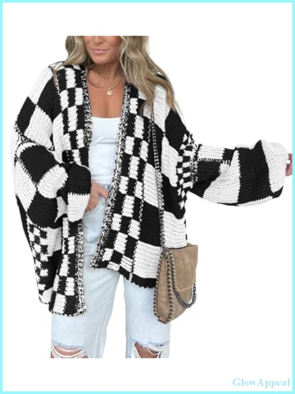 Women's Checkered Ribbed Knit Cardigan Sweater Open Front Long Sleeve